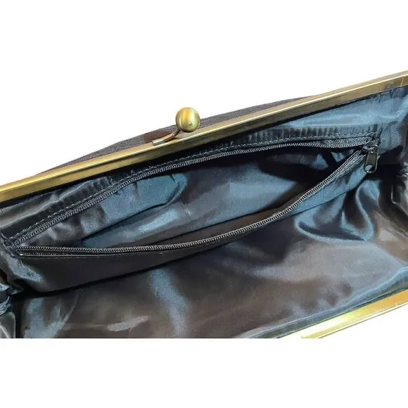Vintage Black Clutch Gold Frame Kiss Clasp Women's Formal Bag Satin Finish - Picture 14 of 16